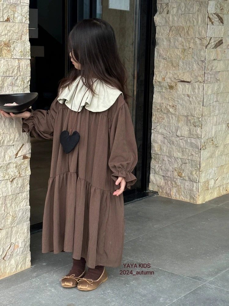 

2025 Russian Girl Spring and Autumn Cotton and Hemp Color Blocked Lotus Leaf Edge Collar Forest Style Princess Dress