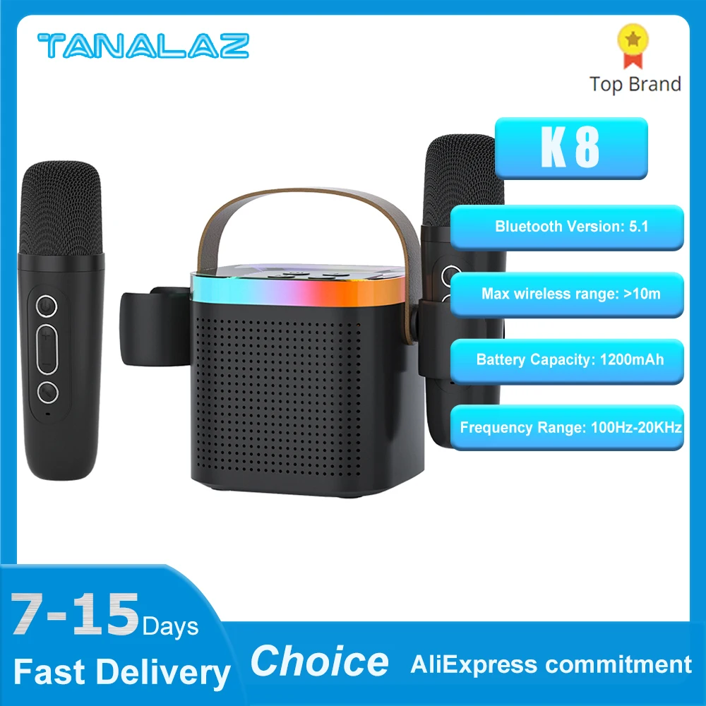 

TANALAZ K8 Karaoke Machine Portable Bluetooth 5.1 PA Speaker System with 1-2 Wireless Microphones Home Family Singing Child Gift