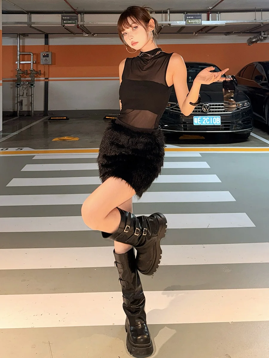 WEIRD PUSS k Sle Svel Plaid Dr Women's Me Splicing Saia peluda moderna tecido de poliéster bodycon Dr