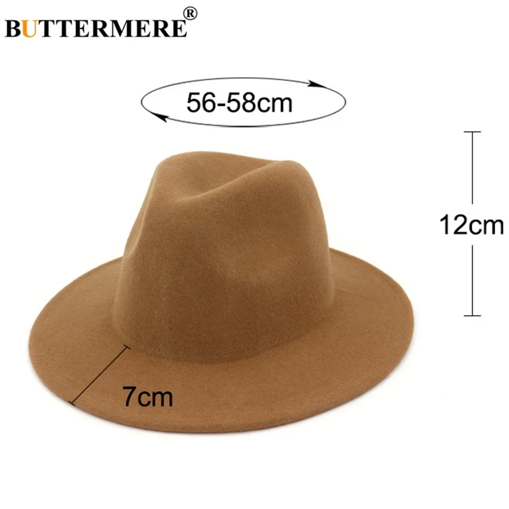 BUTTERMERE 100% Wool Wide Brim Simple Church Derby Top Hat Panama Solid Felt Fedoras Hat for Men Women Solid Burgundy Jazz Cap