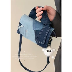 Fashion Contrast Color Denim Patchwork Crossbody Bag Women's 2024 Design Sense Portable Small Square Bag Popular Shoulder Bag