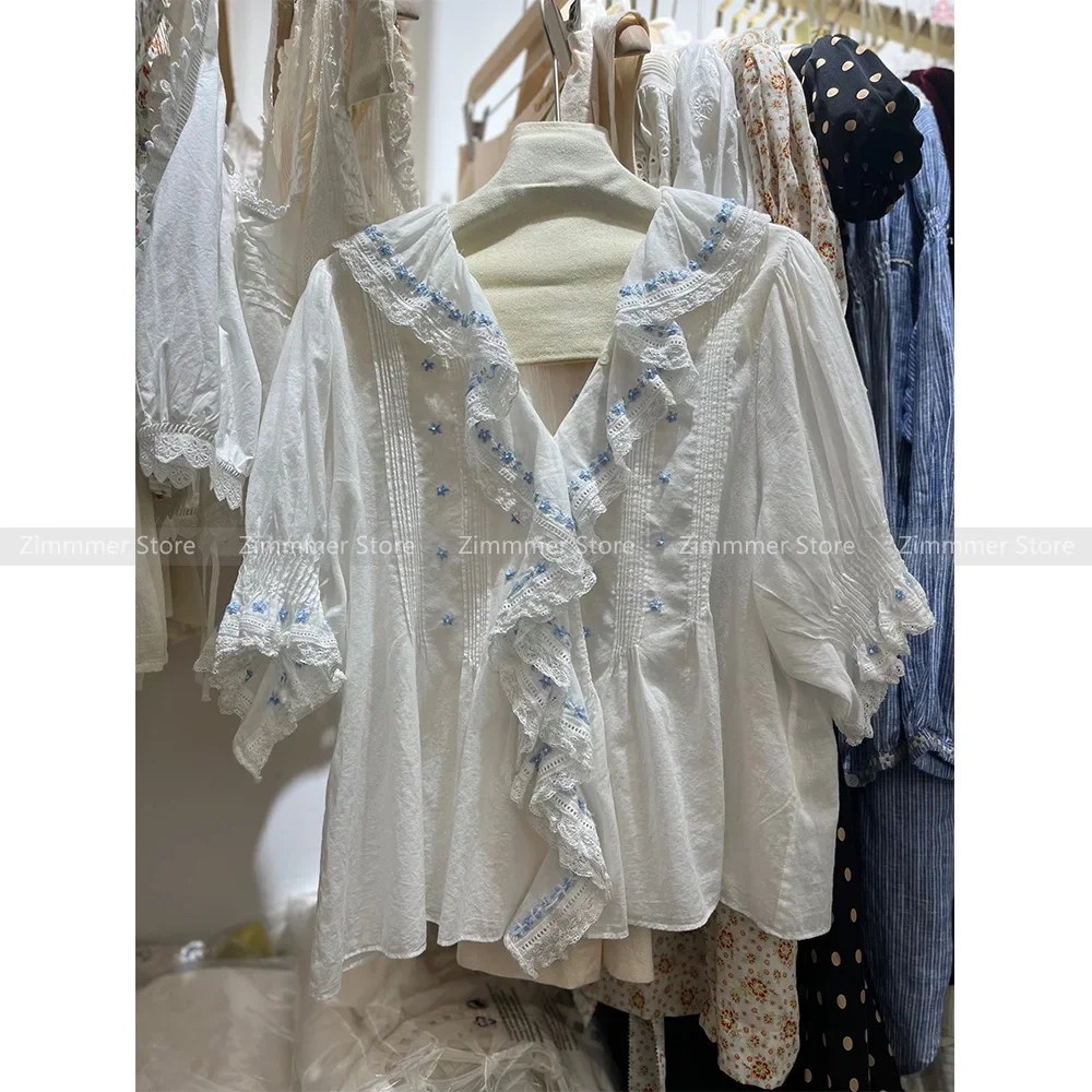 French niche gentle temperament sweet ruffled embroidered blouse cotton light 2024 summer sleeve shirt