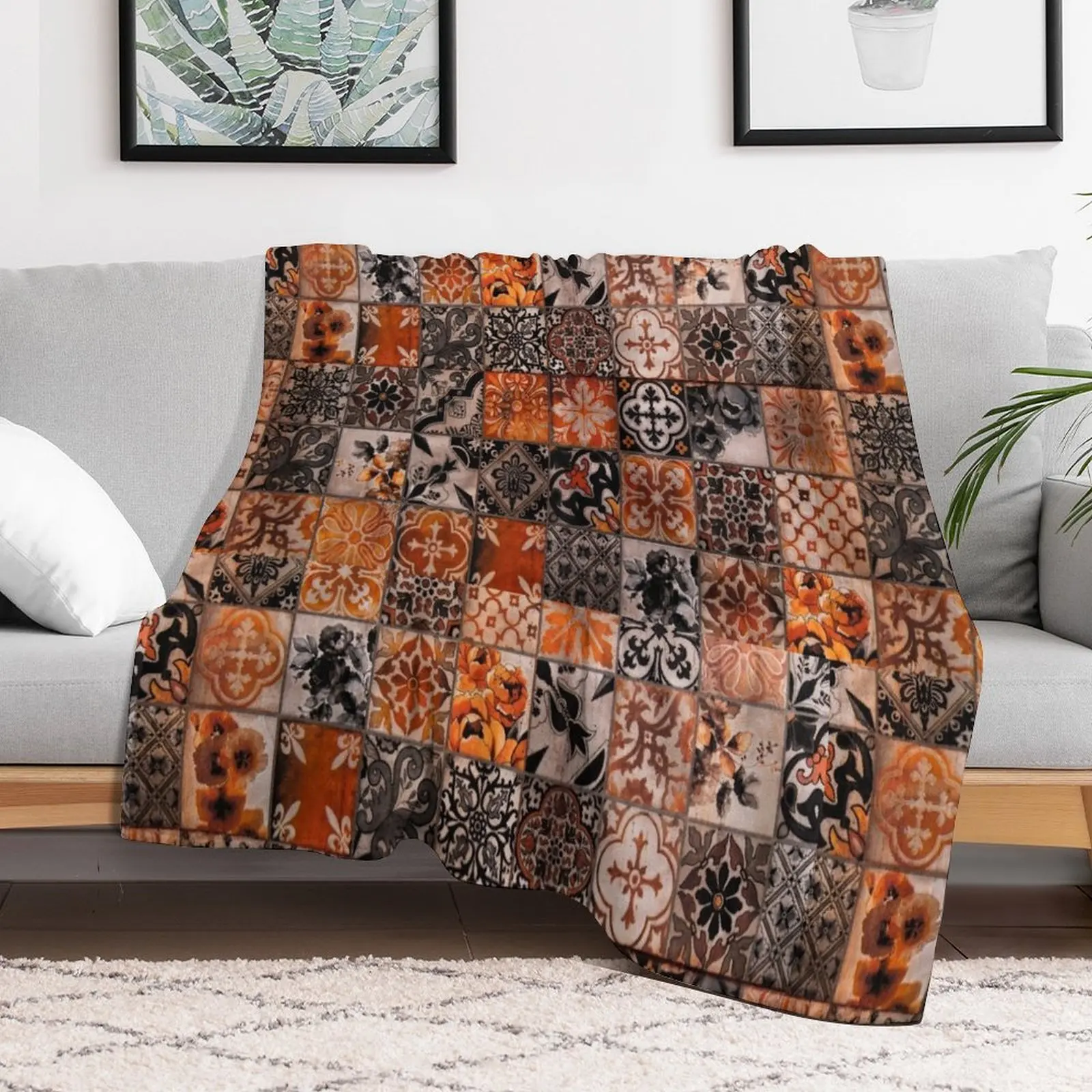 Ancient brick pattern design with gold ,orange, black and white colour . Throw Blanket Soft Plaid Nap Blankets