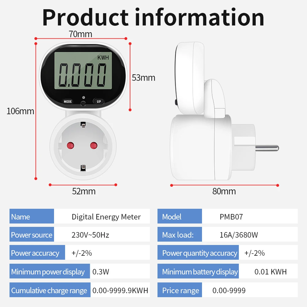 مقياس الطاقة الرقمي Wattmeter مقياس الطاقة الاتحاد الأوروبي التوصيل 45 ° الدورية واط عرض عداد كهربائي الفولتميتر تكلفة الطاقة متر المقبس