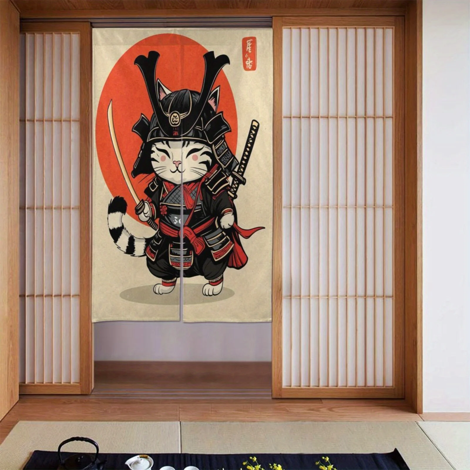 Samurai Cat Warrior Door Curtain Japanese Anime Art Home Decor Can be used as a partition Simple Installation non-toxic material