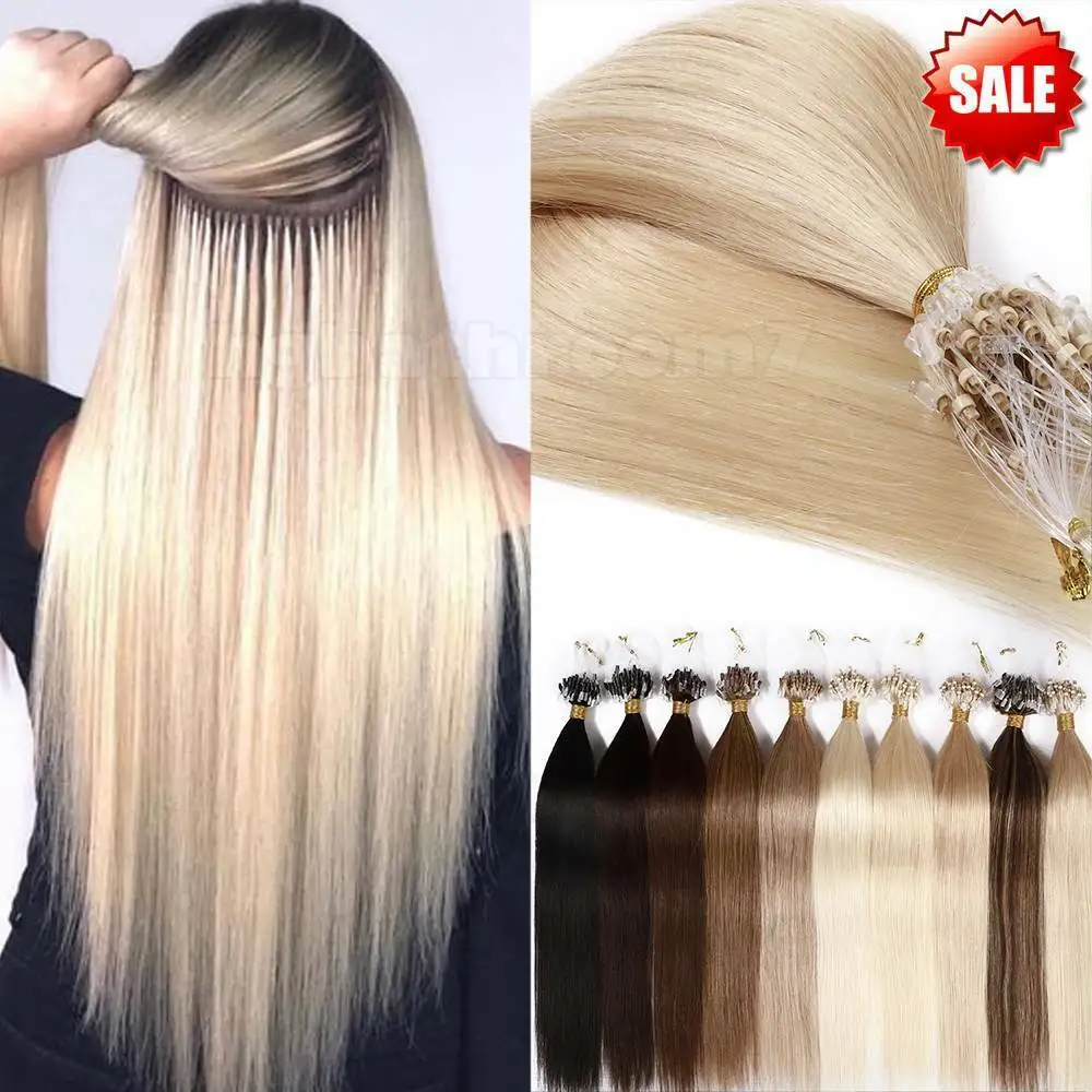 

100% Human Hair Micro Loop Ring Extensions Straight Weft Professional Pre-looped Tips With Small Rings Available In All Colors