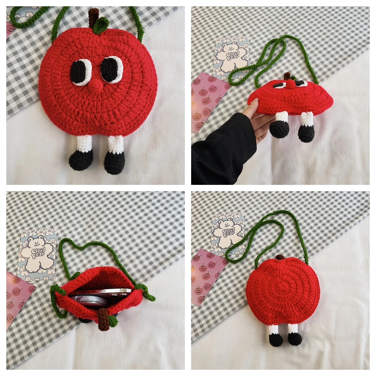 Handmade Woven Bag for Women Woolen Shoulder Crossbody Bag Cute Knitted Cartoon Young Girl Crochet Fruit Apple Mobile Phone Bag
