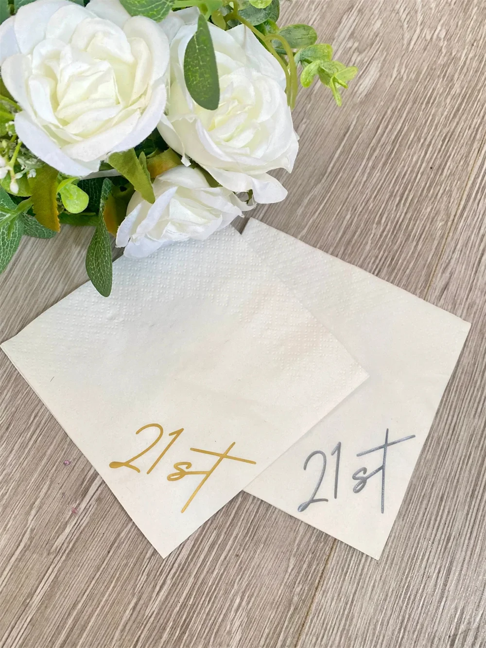 

50PCS WHITE Mini Birthday Napkins, Custom 21st 30th Tissue, Cocktail Napkin, Any Age Party Napkin