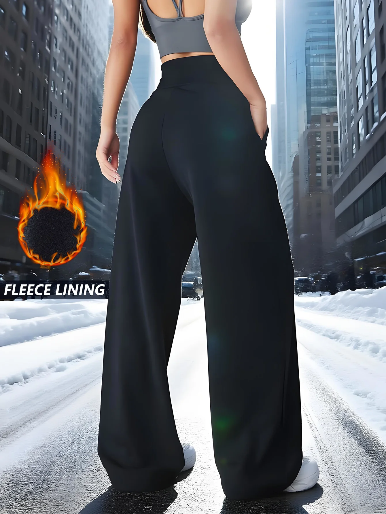 Trendy Winter Fleece-Lined Wide-Leg Pants w/Pocket High-Waisted Trousers Warm Women's Pants/Clothing Wide Pants Woman Clothes