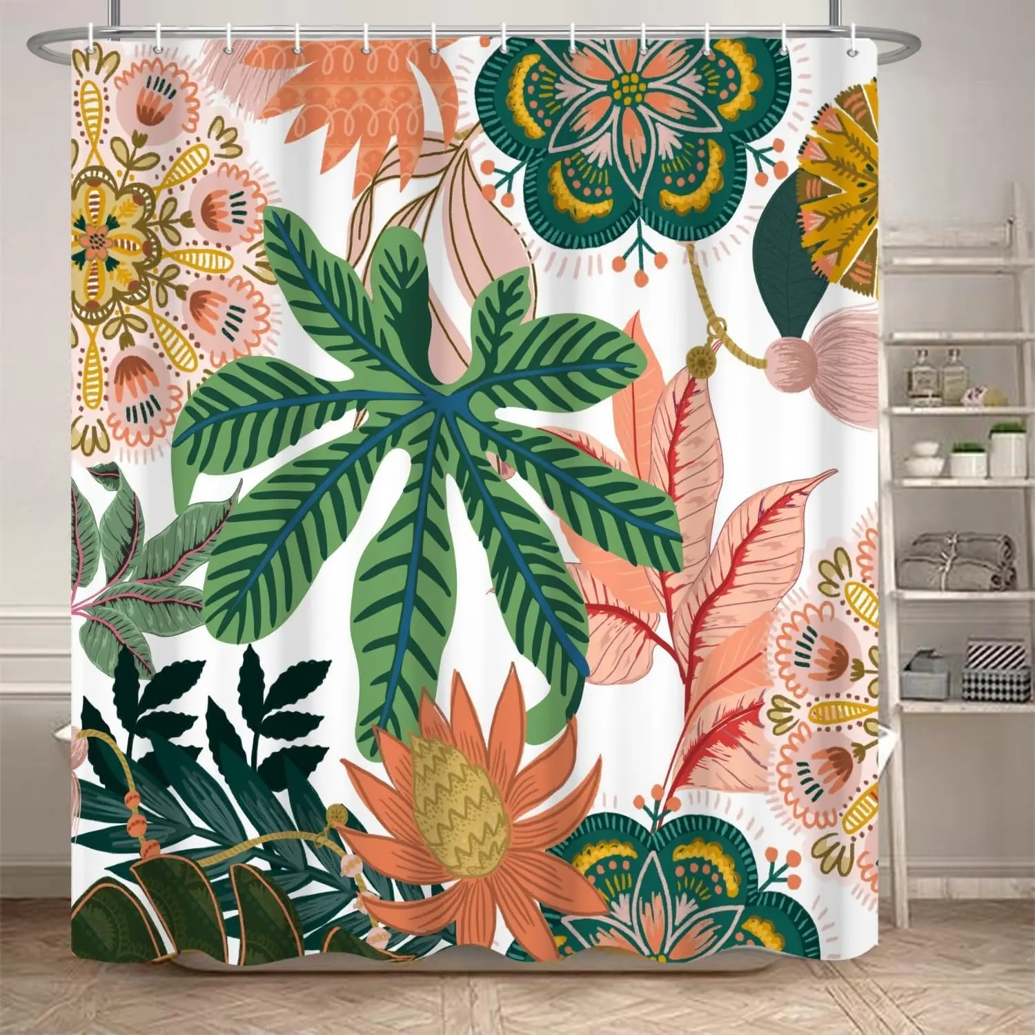 

Занавеска для душа в стиле бохо с цветочным принтом — тропические зеленые листья, розовые цветы — водонепроницаемая полиэфирная ткань — модерн середины века