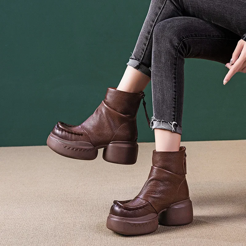 

7cm Natural Genuine Leather Autumn Designer British Spring Wedge Comfy Retro Authentic Platform Women Ankle Boots Booties Shoes