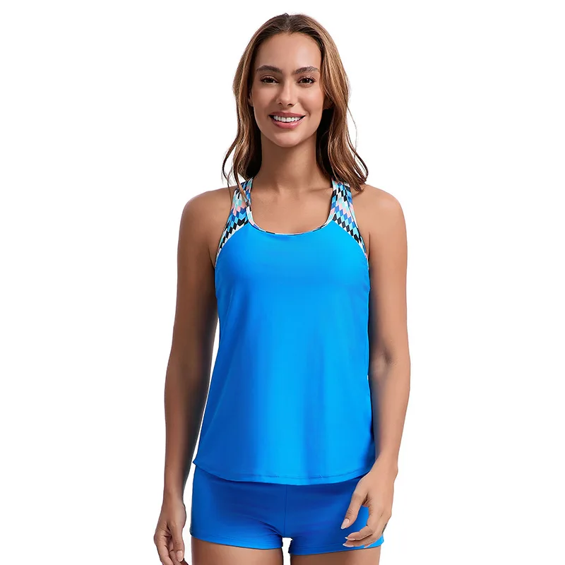 Blue Floral Tankini Set with Shorts for Women
