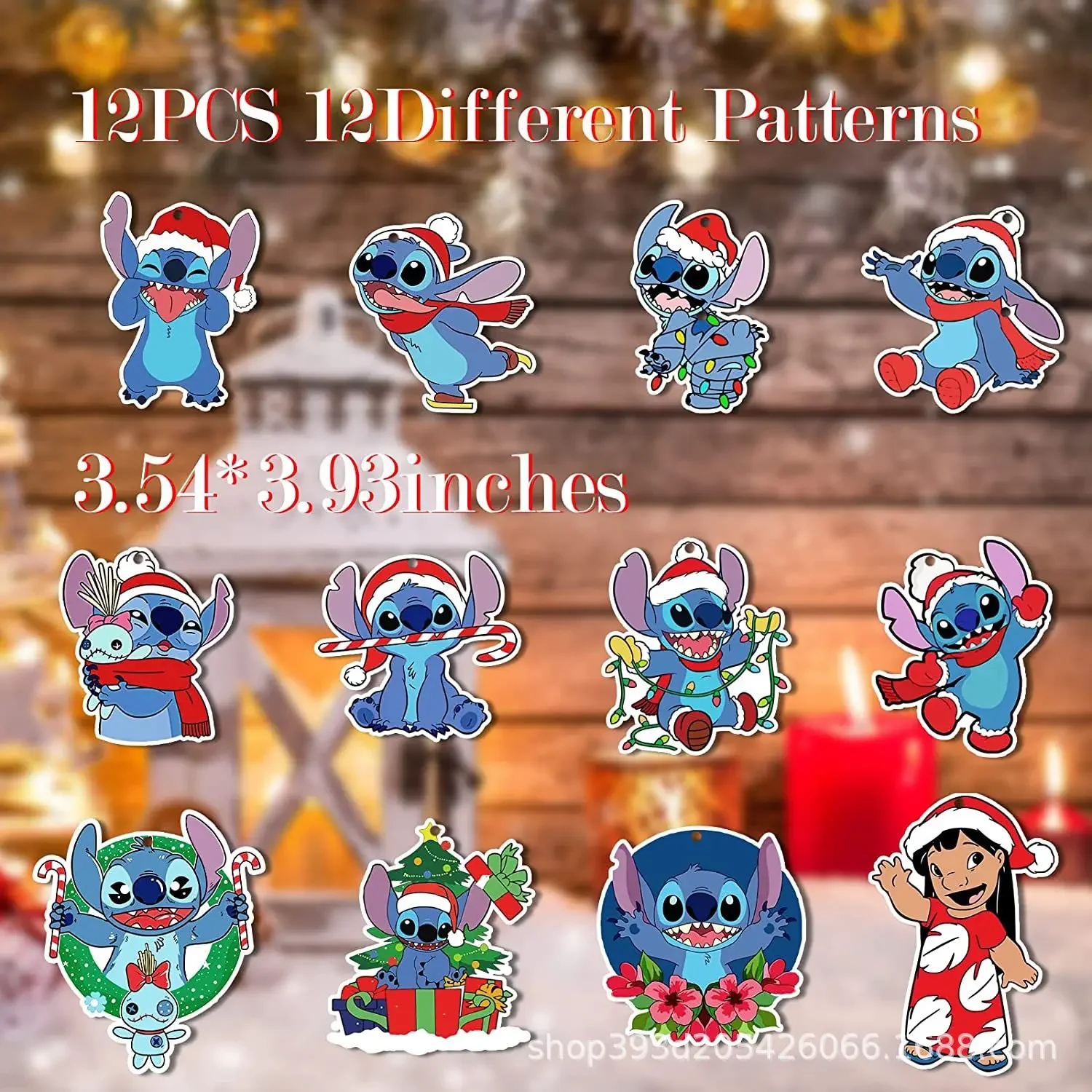 12pcs Disney Stitch Christmas Tree Ornaments Pendant Doll Toy Wooden Anime Hanging Decor Christmas Home Party Supplies kids Gift