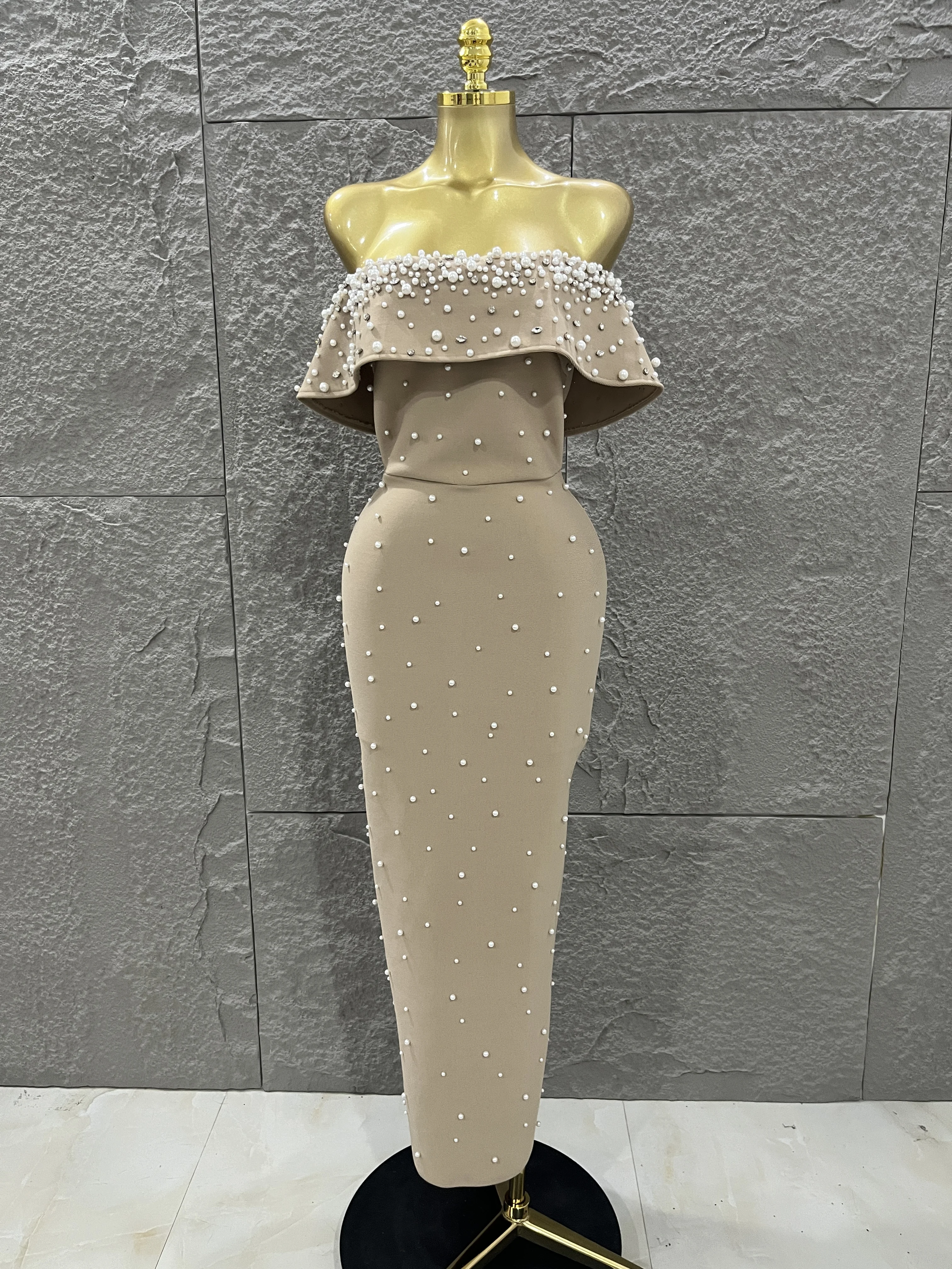 

Luxurious Sexy Off Shoulder Pearl Beaded Midi Bodycon Sleeveless Backless Dresses Elegant Evening Party Nightclub Cocktail Party