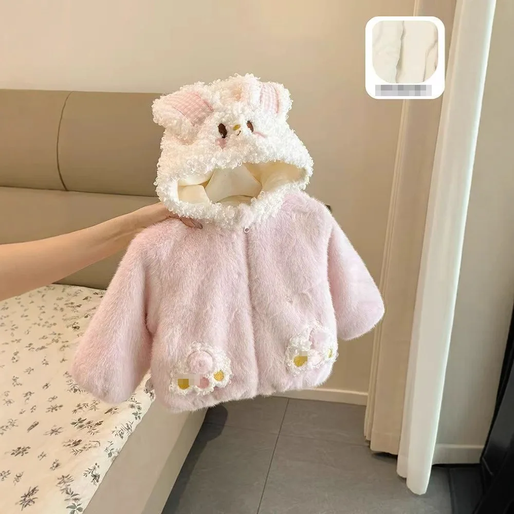 

Winter Toddler Kids Girls Outerwears Infant Babys Girls Sweet Cartoon Zipper Jackets Hooded Thicken Warm Toddler Girls Fur Coat