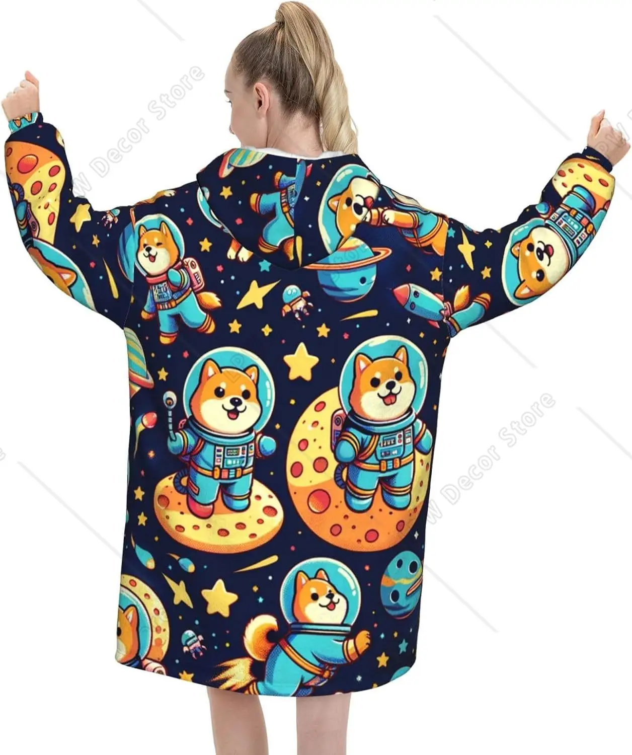 Adult Long Sleeve Flannel Hoodie Blanket Astronaut Shiba Exploration Soft Fuzzy Hooded Sweatshirt Lounging Pullover