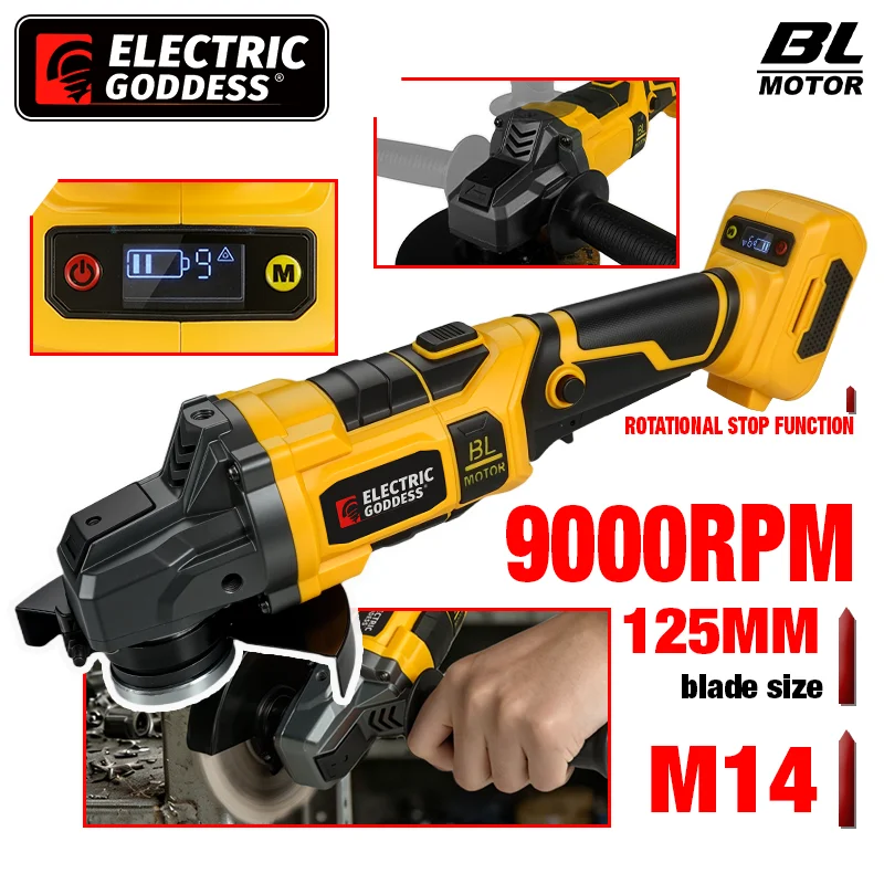

Electric Goddess 125mm Brushless Angle Grinder 9 Gears Cordless Cutting Polishing Woodwork Power Tool For Dewalt 20V Battery Pin