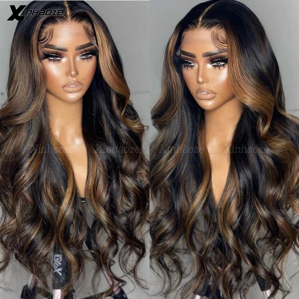 

13x6 Body Wave Highlight Brown Lace Frontal Wig Human Hair Wig 180 Density Remy Peruvian 100% Human Hair Wigs For Black Women