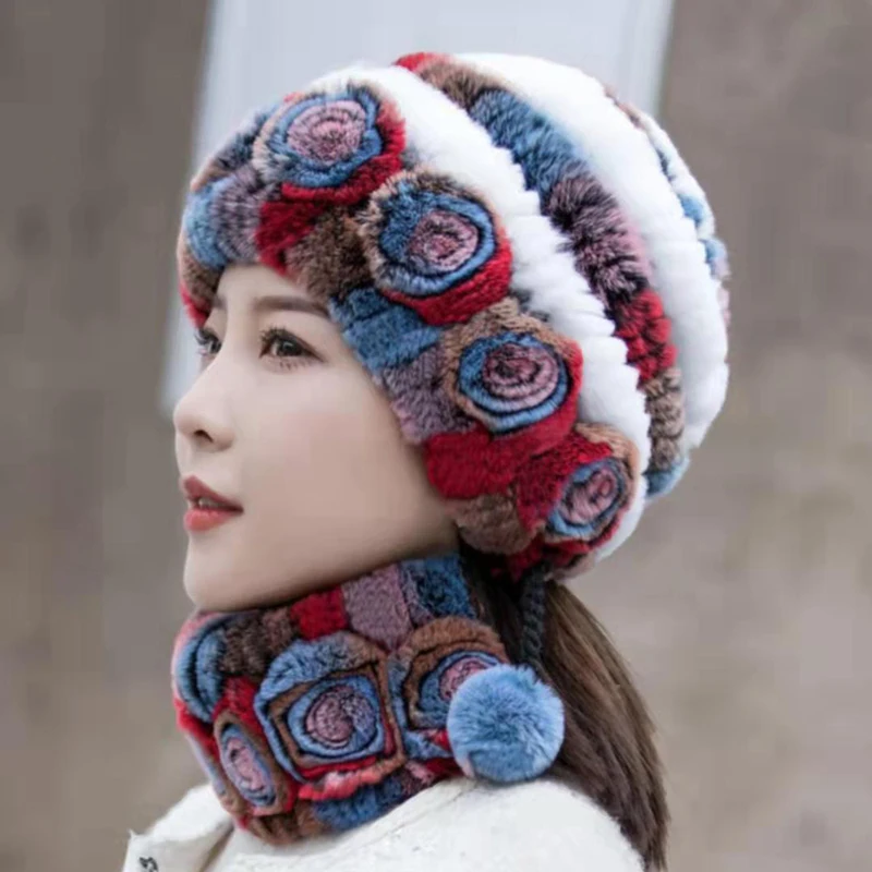 المرأة محبوك لينة 100% ريال ريكس الأرنب الفراء قبعة الأوشحة شتاء دافئ الفراء الحقيقي قبعة وشاح مجموعات الطبيعية ريكس الأرنب الفراء قبعة طقم أربطة