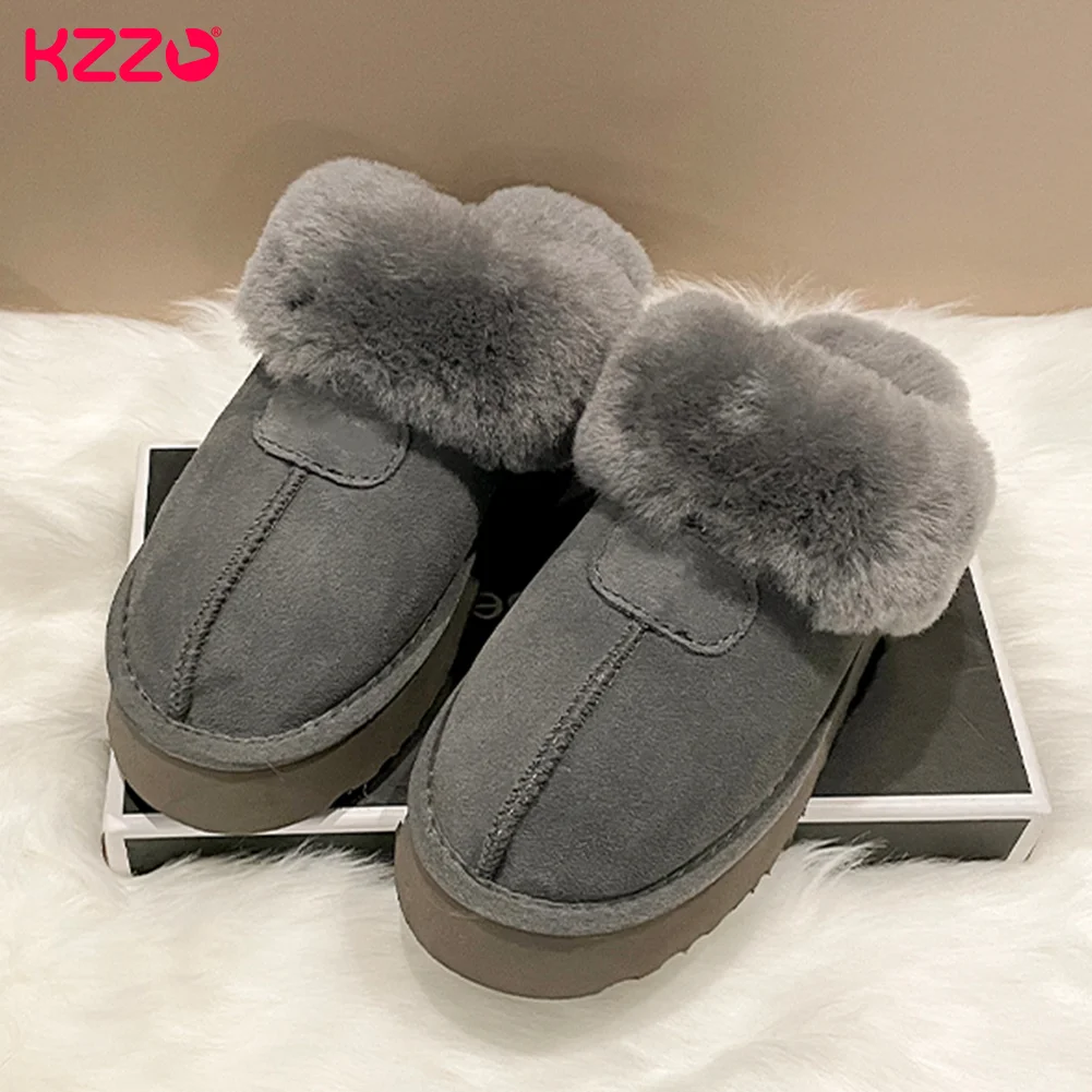 KZZO Fashion Winter Sheep Fur Home Platform Slippers Women's  Thick Sole Casual Indoor Warm Natural Wool Shoes