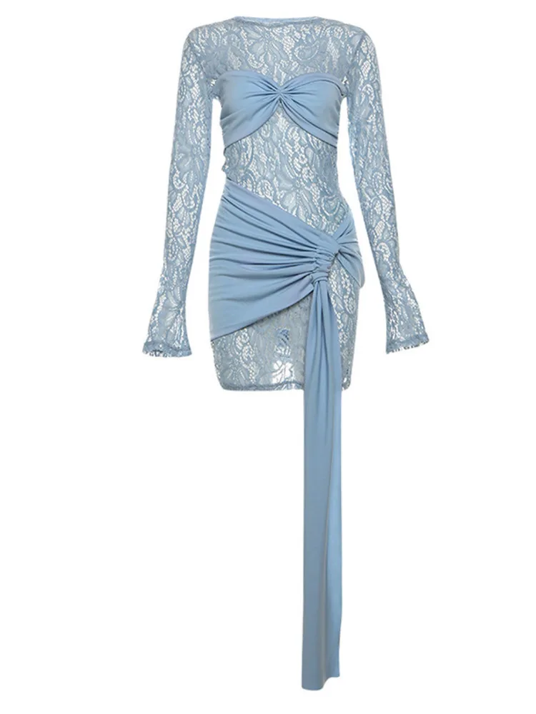 Articat Abito slim a maniche lunghe patchwork in pizzo con scollo tondo sexy Abito da donna elegante con cravatta attillata Abito da sera da club per feste autunnali