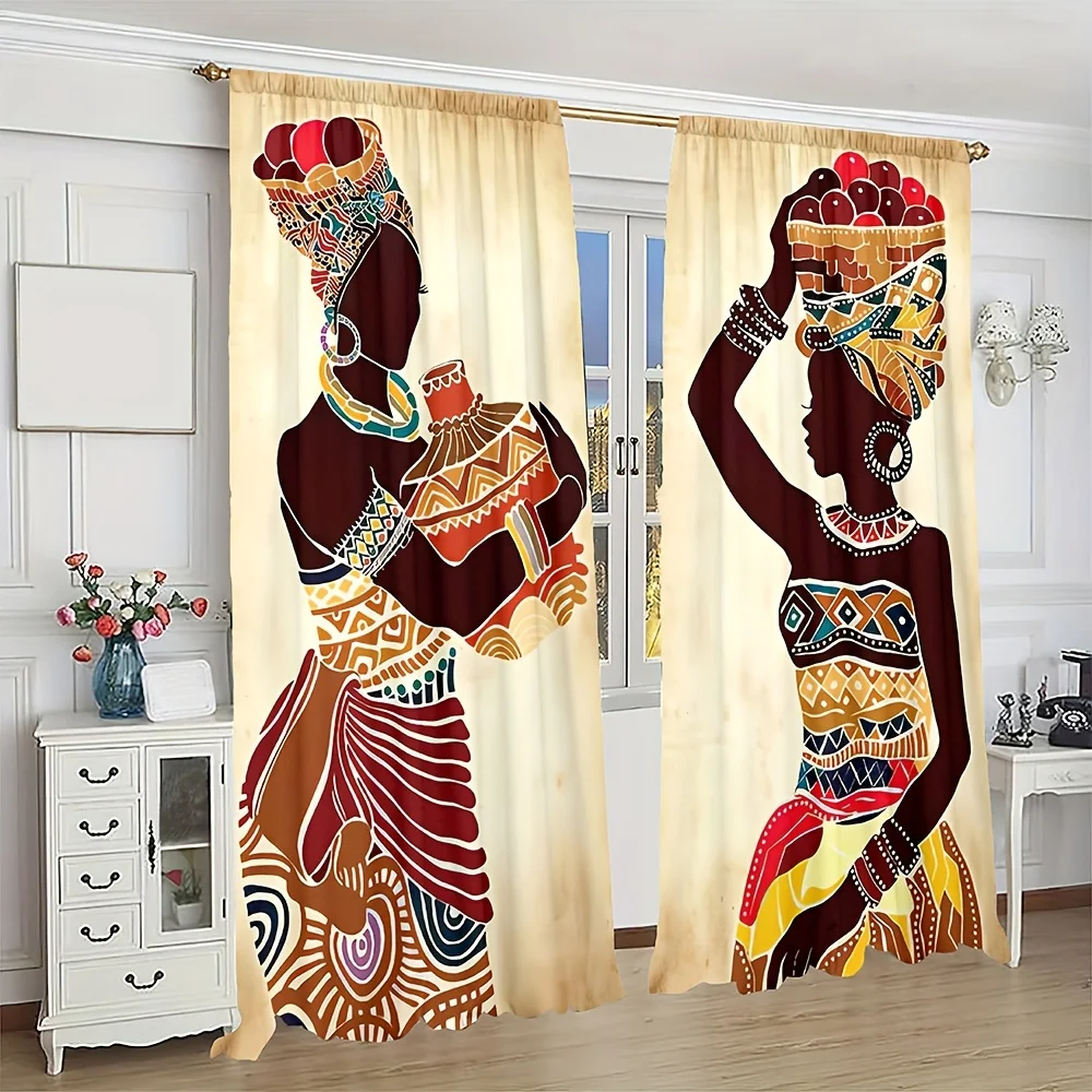 

2pcs,Boho Women Print Curtain Rod Pocket Mount,Digital Printing Curtains,Polyester Material,Suitable For Living Room,Bedroom