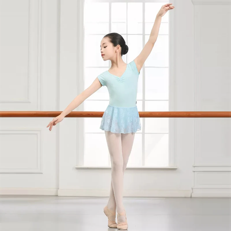 สาว Leotard คลาสสิกกระโปรงบัลเล่ต์ผ้า Dance สวมเสื้อแขนสั้นผ้าฝ้าย Ballerina Dancewear ชุดว่ายน้ำการปฏิบัติชุดบอดี้สูท