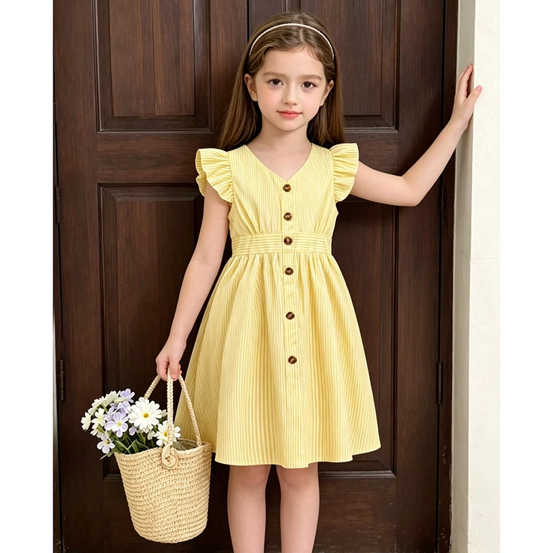 4-7 Years Girl Dress Summer New Stripe Ruffled Sleeveless V-Neck Dress Cute Daily Casual Princess Dresses For Baby Girl Wear