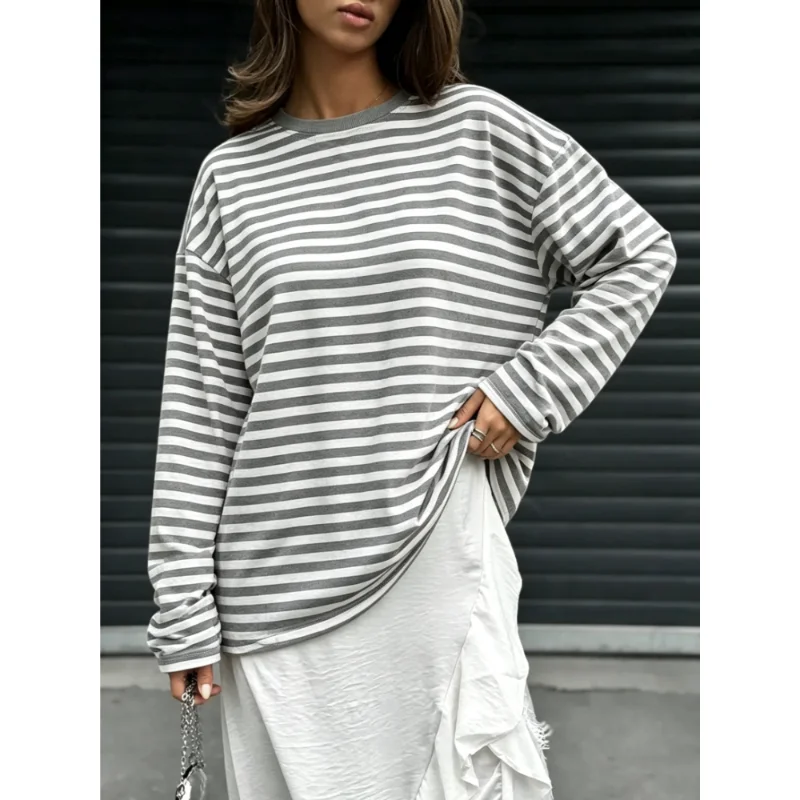 New Fall Preppy Style Minimalist Striped Women Crew Neck Long Sleeve T‑Shirt, Drop‑Shoulder Loose Fit Cropped Casual Basic Tops