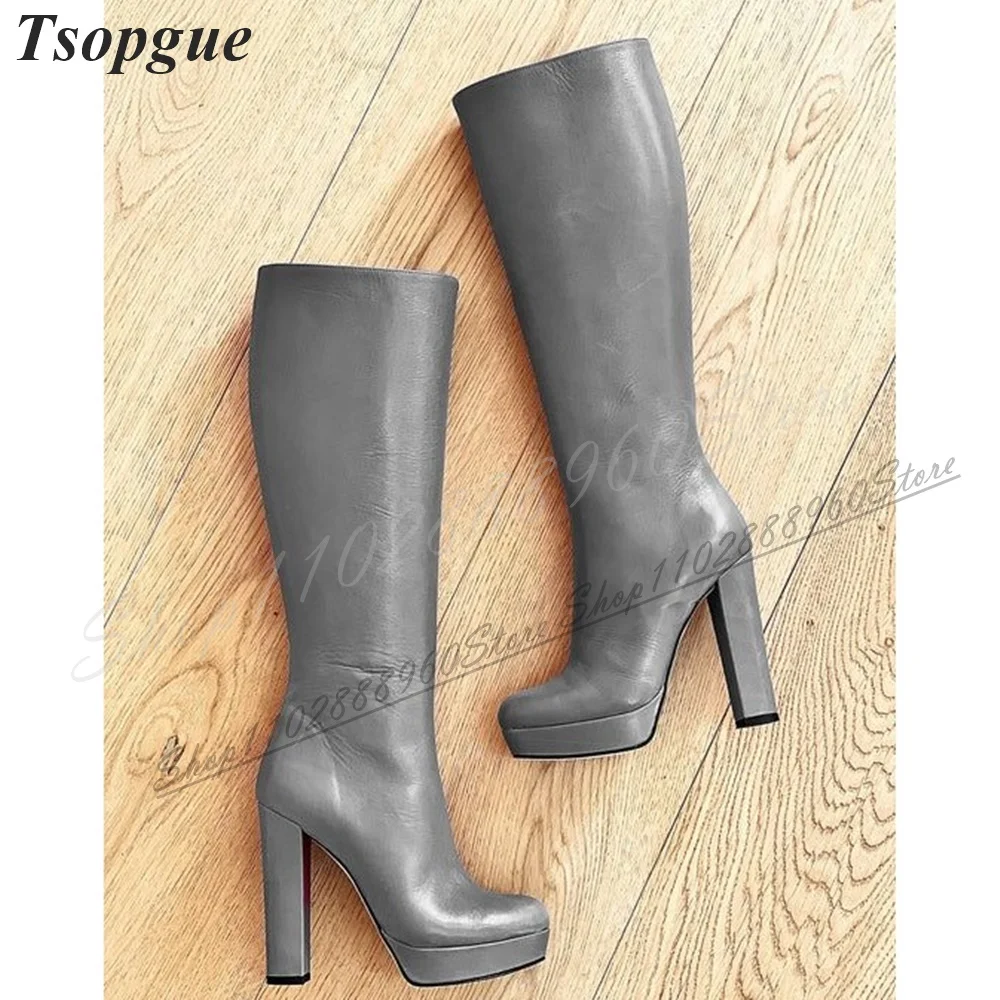 

Simple Knee High Gray Matte Leather Platform Boots Chunky High Heel Women Shoes Side Zipper Pointed Toe 2024 Zapatos Para Mujere