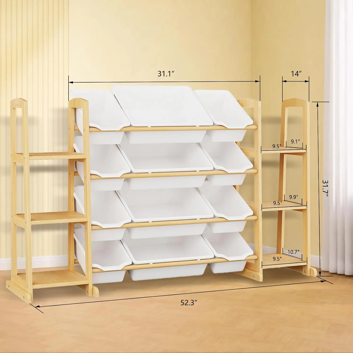 Kids Toy Storage Organizer Wooden Toy Organizer Unit With Twelve Plastic Toy Bins Six Tier Bookcase Bookshelf Display Cabinet Storage Rack For Nursery Playroom White