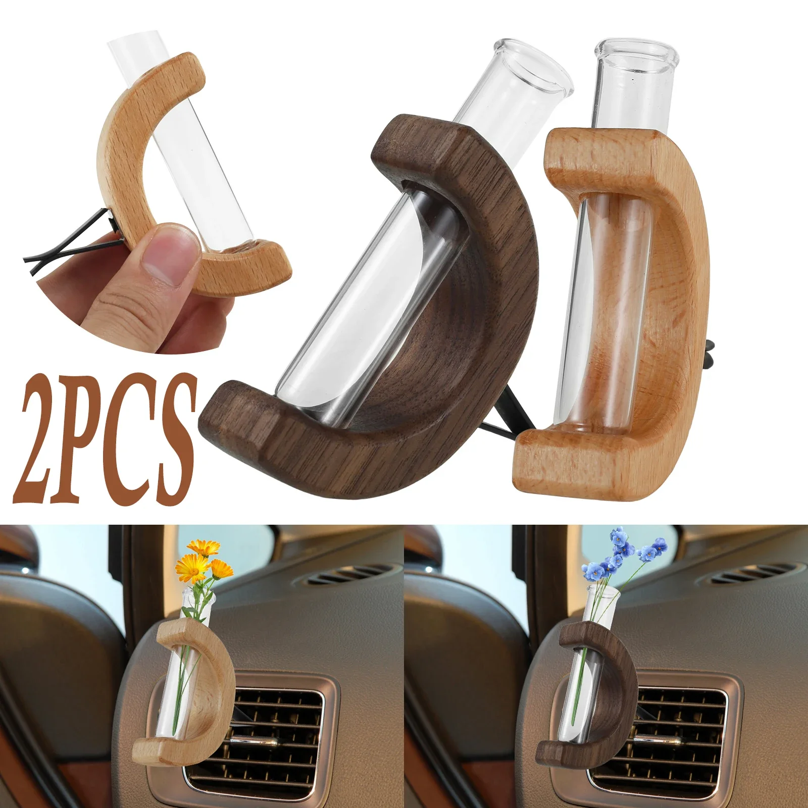 2er-Set Auto-Blumenvase aus Massivholz für Lüftungsschlitze – Blumendekoration für Zuhause und Auto, Glas-Lüftungsornament