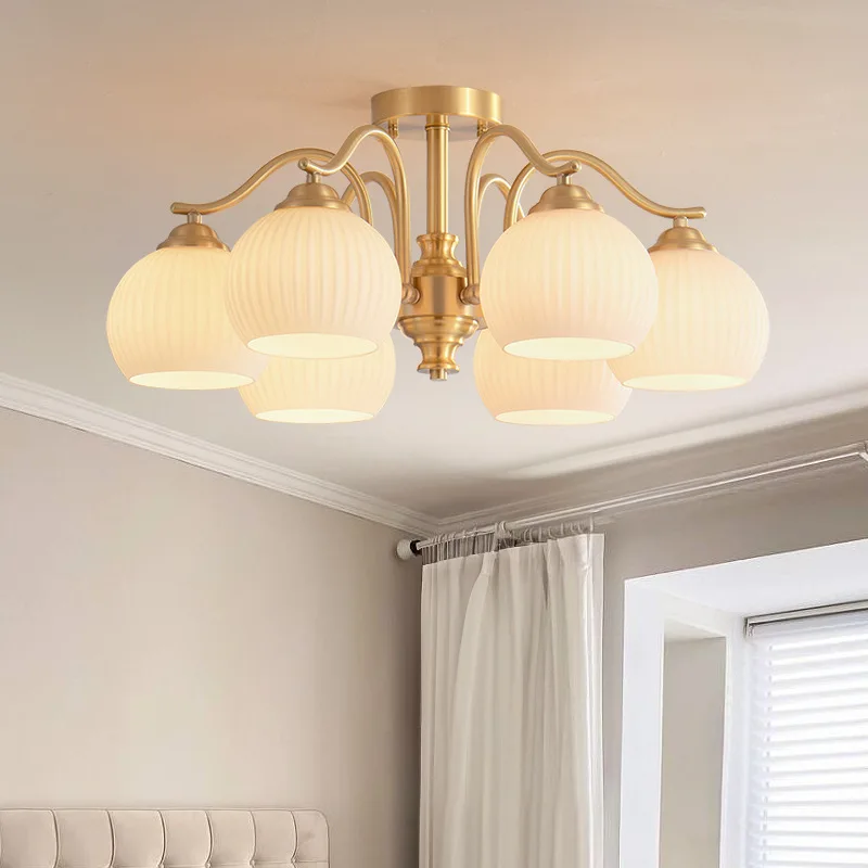 

Creative Ceiling Lights Bedroom Master Bedroom High-end Restaurant American Style All Copper Villa Glass LED Ceiling Chandeliers