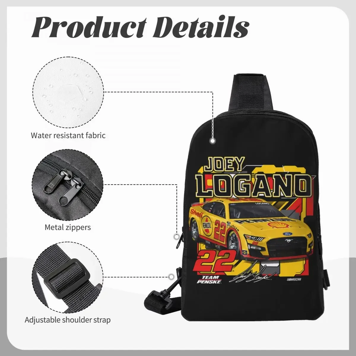 حقيبة ظهر Joey Logano 22 Crossbody Sling حقيبة كتف بحمالة صدر قابلة للتعديل للسفر والمشي لمسافات طويلة في الهواء الطلق للنساء والرجال