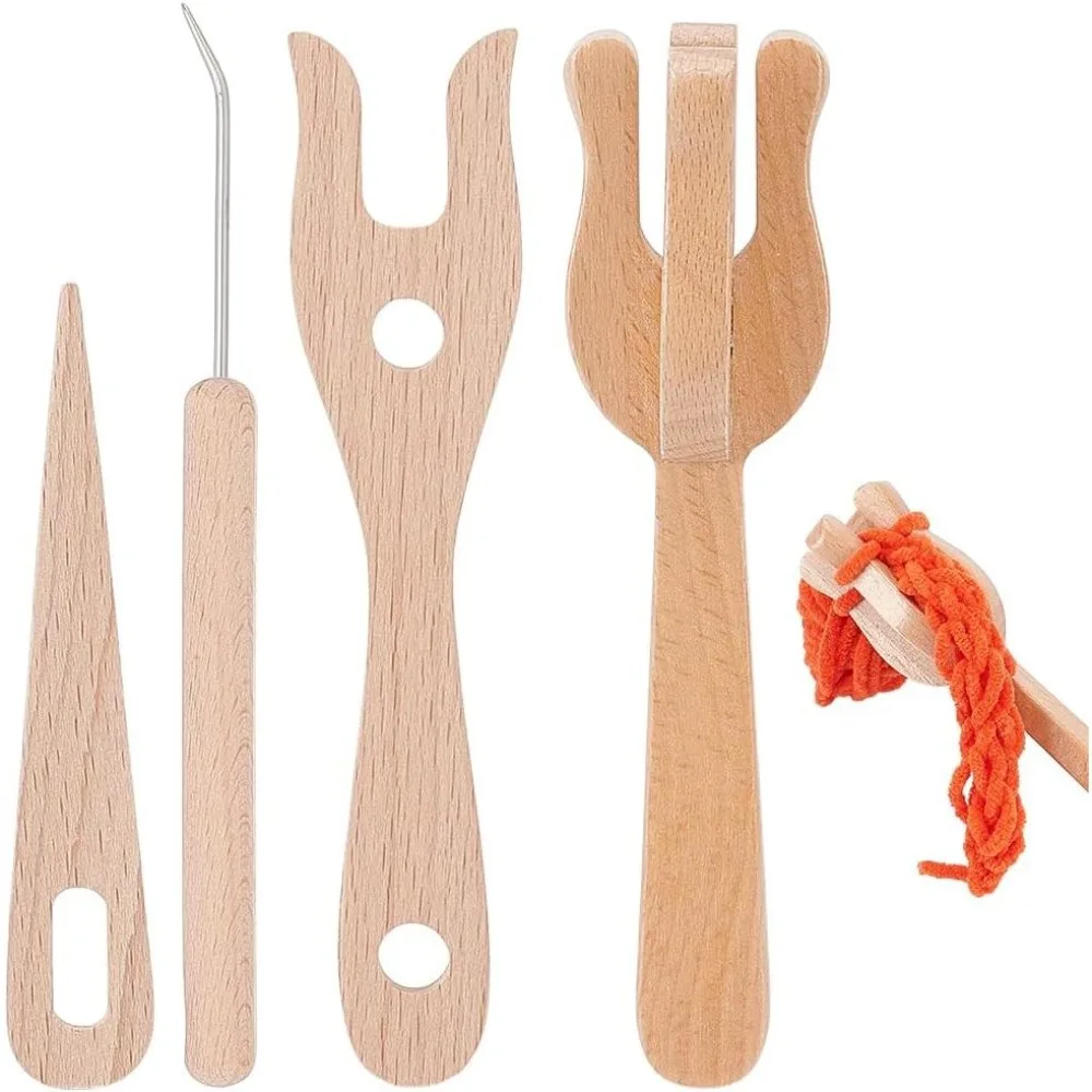 4Pcs Knitting Fork Wooden Set Crochet and Wooden Knitting Fork with Big Eye Needle Set Wooden Lucet Forks for Rug Bracelet