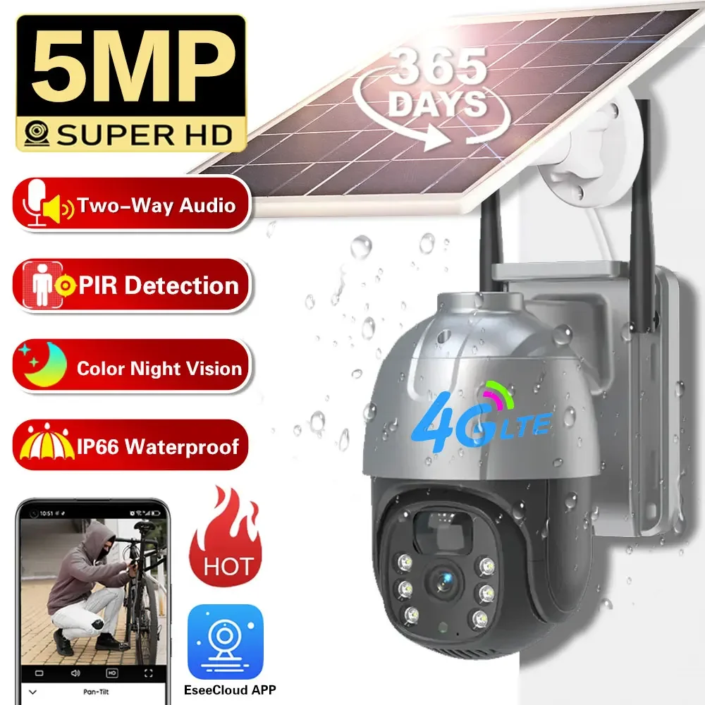 5MP 4G Sim Card WIFI Solar Camera Built-in Battery PIR Human Detection Outdoor Security CCTV Surveillance IP66 Waterproof Camera