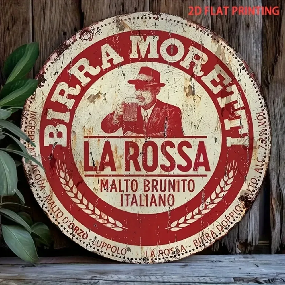 Placa de Alumínio Plana 2D, Rótulo de Cerveja Birra Moretti La Rossa, Decoração de Parede Redonda de Metal de 8 Polegadas, Fácil de Pendurar