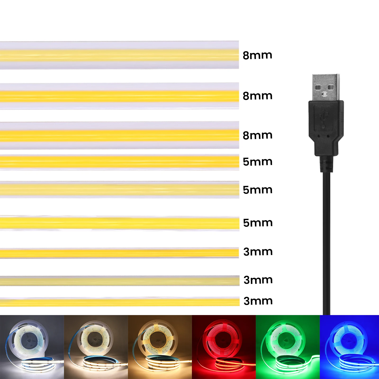 

3MM 5MM 8MM PCB USB COB LED Strip 5V 320LEDs/m High Density COB LED Tape Red Blue Green Pink Yellow Warm Natural White LED Strip