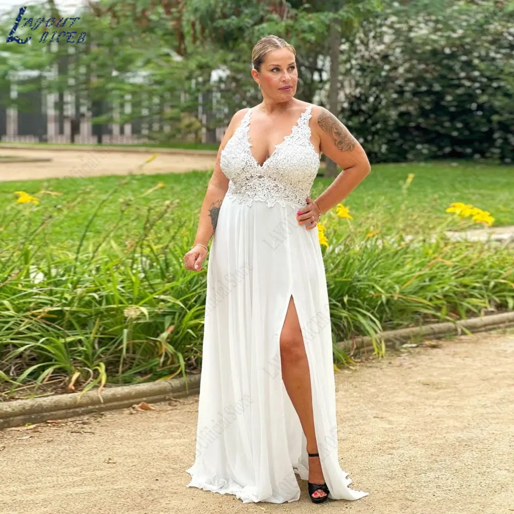 LAYOUT NICEB Plus Size Apliques Vestidos de casamento Spaghetti Straps Chiffon Vestido de noiva Side Slit Mangas robe de mariee 2024LAYOUT NICEB Plus Size Apliques Vestidos de casamento Spaghetti Straps Chiffon Vestido