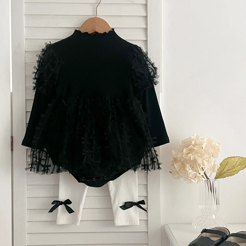 2024 Spring Baby Girls Rompers Cotton Mesh Long Sleeve Solid Infant Girls Bodysuit Fashionable Princess Toddler Girls Outfits