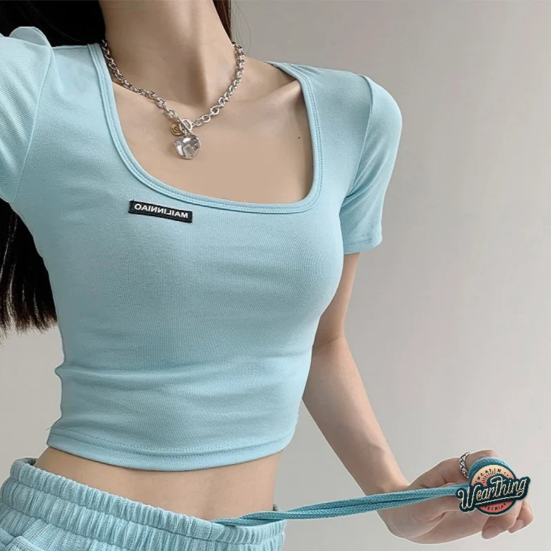 

Square Collar Top Exposed Collarbone Slim Bottoming Shirt 2025 Summer Short-sleeved Navel Exposed T-shirt Short Top For Women