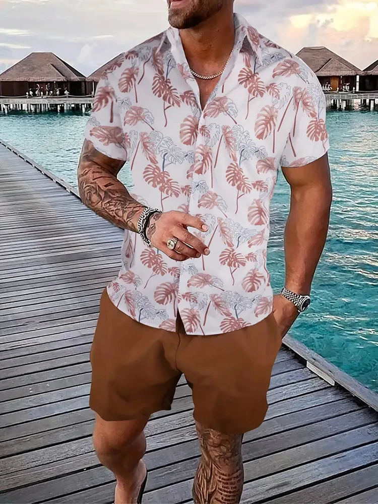 Summer Men\'s Casual Shirt And Beach Shorts Hawaiian Fashion Short-sleeved Shirt Beach Party Drawstring Shorts Baroque Print