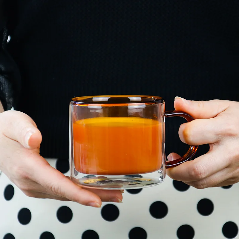 300ml Wine Glasses Drinking Tumbler Coffee Juice Water Cups with Handle Tea Creative Mug Double Bottom Glass Mugs For Home