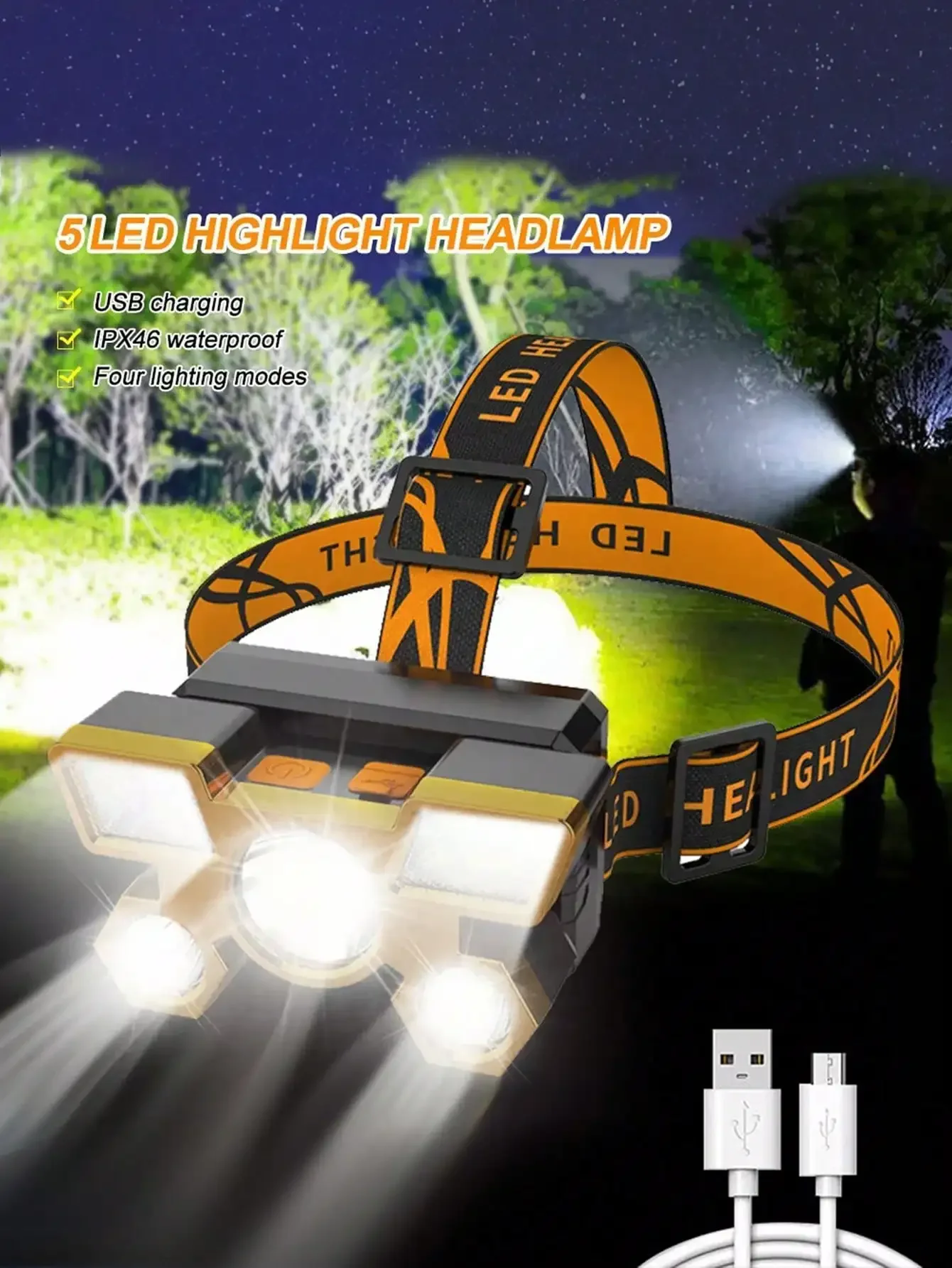 5 LED ヘッドヘッドライト USB 強力な光超高輝度充電式集魚灯長距離超高輝度ヘッドマウント懐中電灯