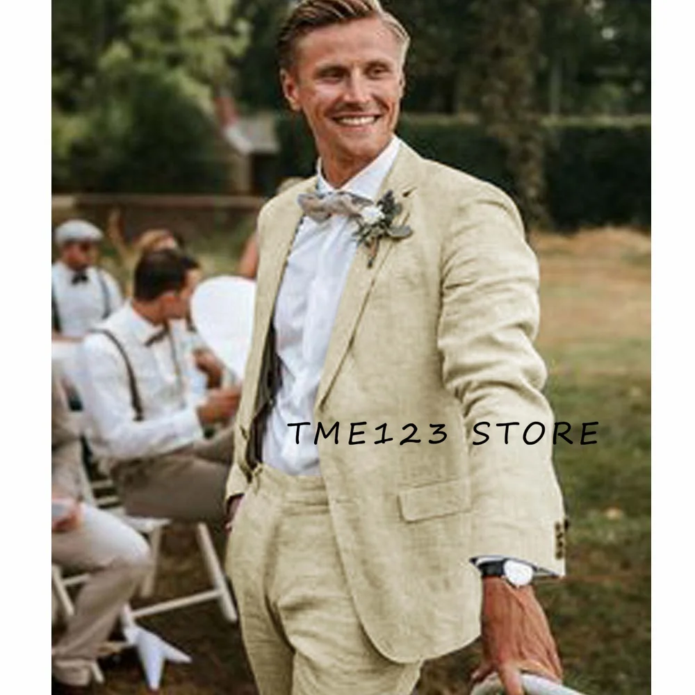 Men Suits Slub cotton V-neck Single-breasted Two-piece Suit Man Luxury Clothing Mens Formal Wear Pants Sets Groom Dress Full