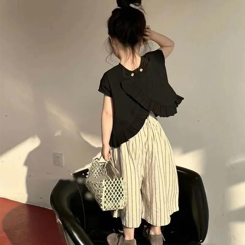 

Girls' Suit, Irregular Dropped Shoulders, Sleeves, T-shirt, Striped Wide-leg Pants, 23 Summer Clothes, New Children's Clothes