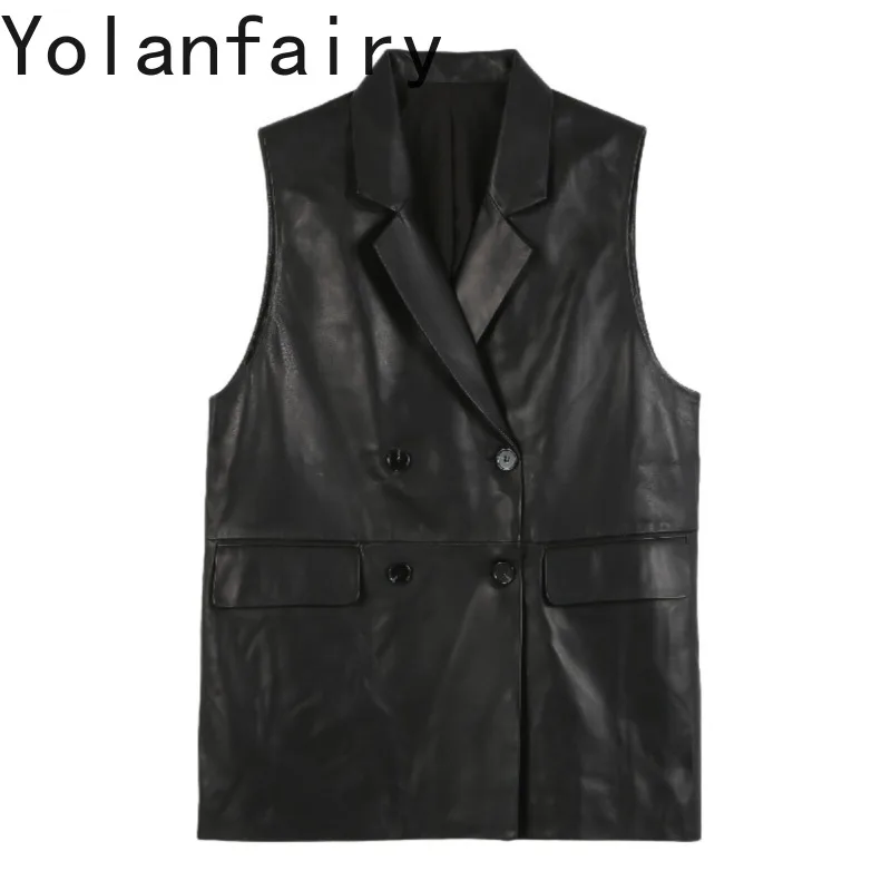 

YOLANFAIRY 2026 Real Sheepskin Genuine Leather Vest for Woman Autumn Black Midi Vests Women Suit Collar Slim Sleeveless Coat