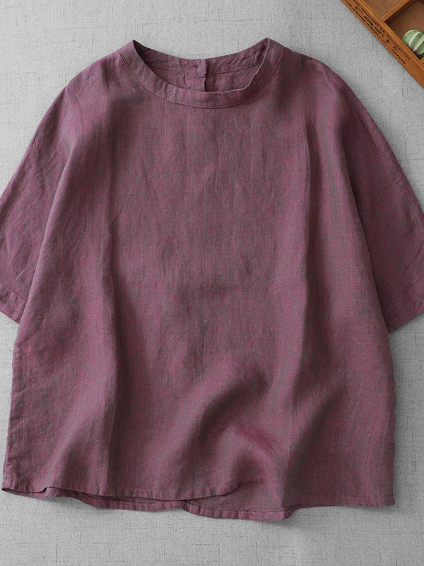 

Summer 2026 Loose Fit round Neck Cotton Linen Short Sleeve T-Shirt Cool Retro Style Large Size Women's Casual Artistic Top