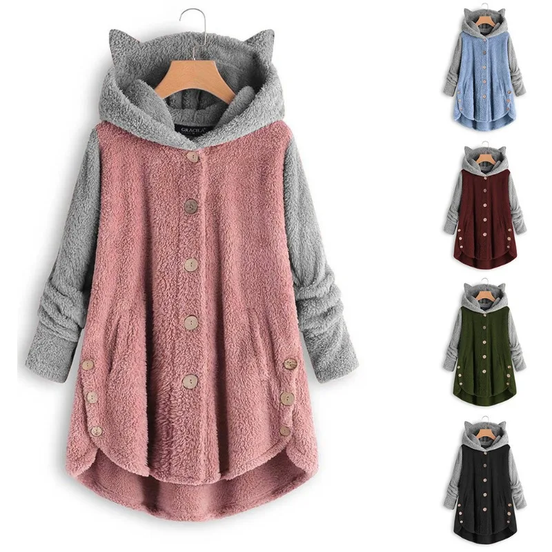 Fluffy Hooded Coat Women Autumn Winter Plush Hoodies Female Kawaii Cat Ears Long Sleeve Coats Female Warm Casual Buttons Tops