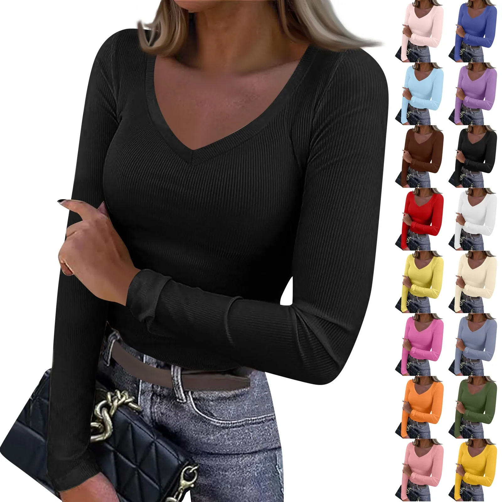 المرأة والشتاء سليم أسفل تي شيرت موضة عادية بلون الخامس الرقبة البلوز كم طويل علوي ملابس النساء Y2k